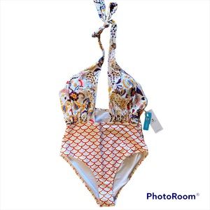 CUPSHE Botanical Mermaid Print High-Waisted One Pc Halter Plunge Swimsuit sz Lg